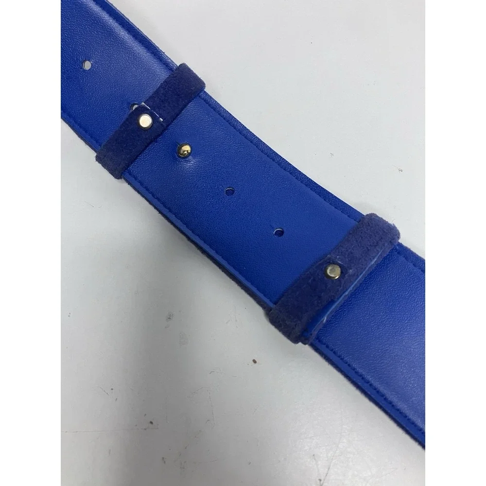 VTG Suede Leather Belt Blue Ornate Etched Gold Tone Interlocking Hook Buckle